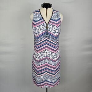 Tacera Dress Women's Petite L White Pink Blue Floral Zipper Sleeveless Knee NWT